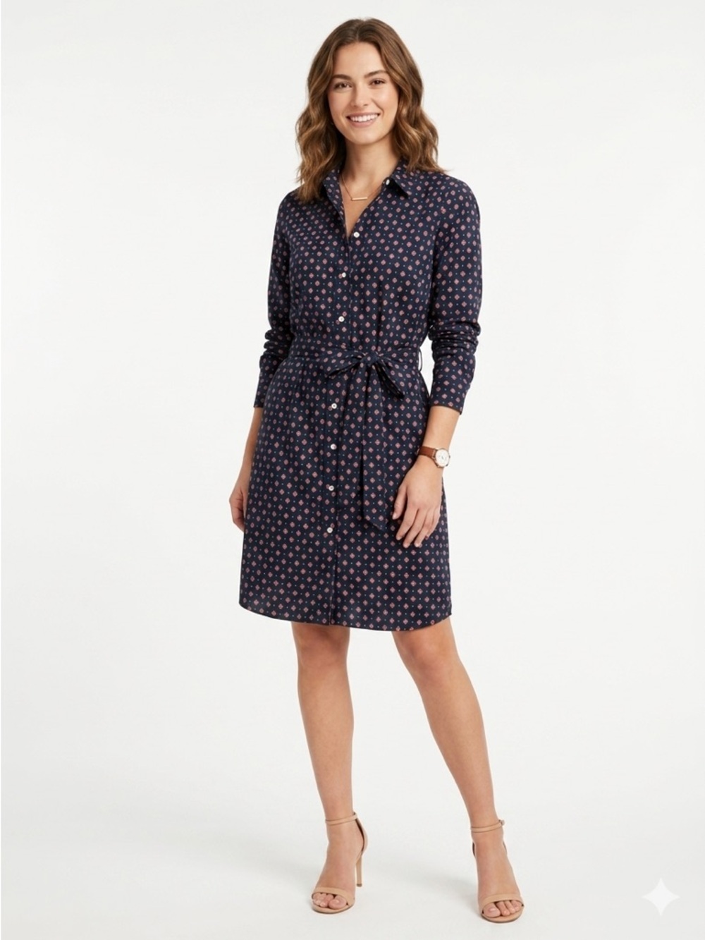UNTUCKit Marie Shirt Dress Belted Button Front Geometric Navy Size 10